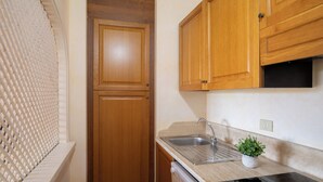 A kitchen with wooden cabinets, a stainless steel sink, a dishwasher, and a small potted plant. - Casa Tozzi by Wonderful Italy (Arzachena)