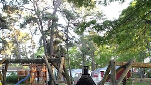 A rustic outdoor area with wooden structures, a play area, and a small black building.