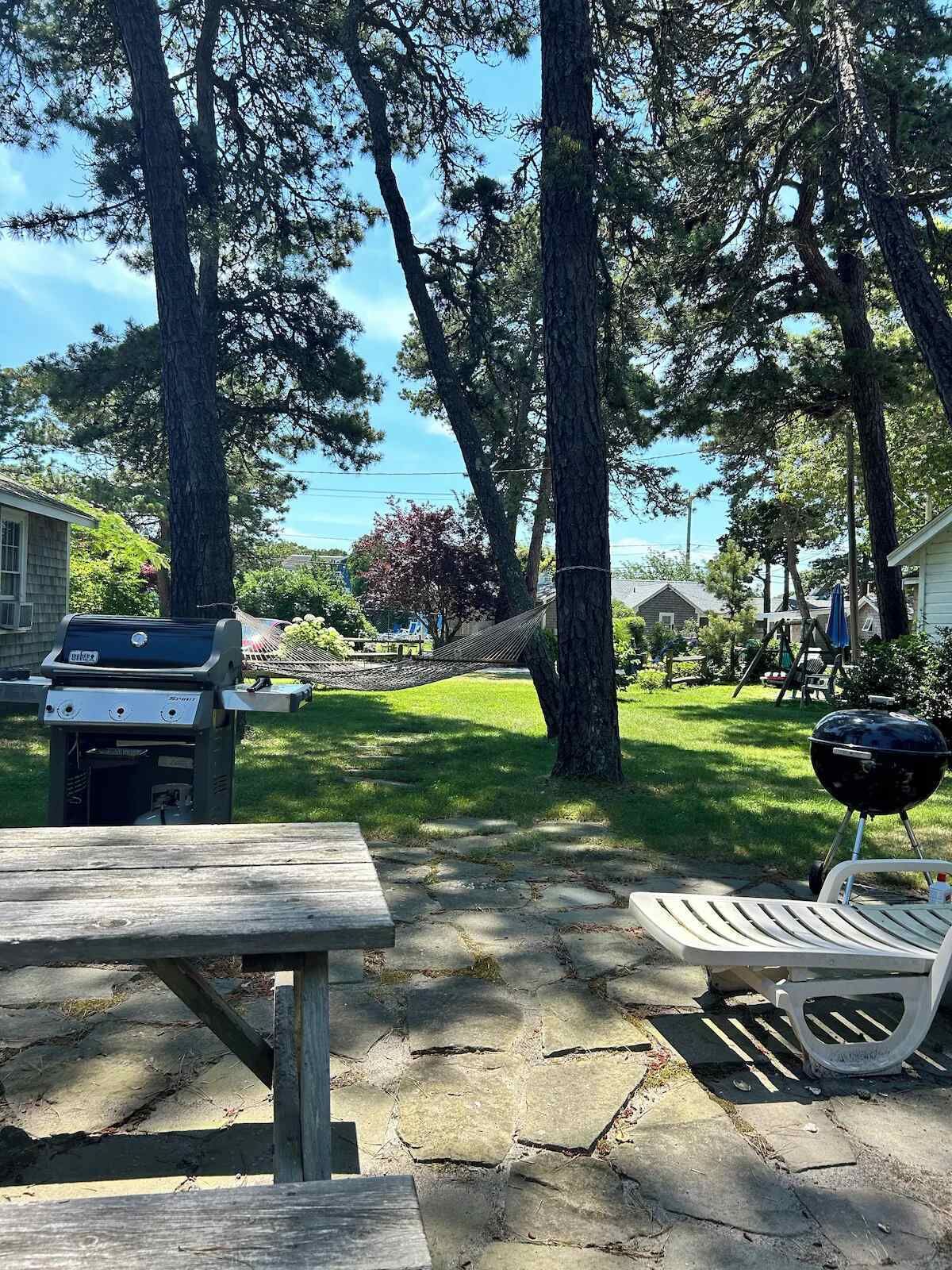 Un jardin avec un barbecue, un hamac, une table de pique-nique et un foyer pour barbecue.