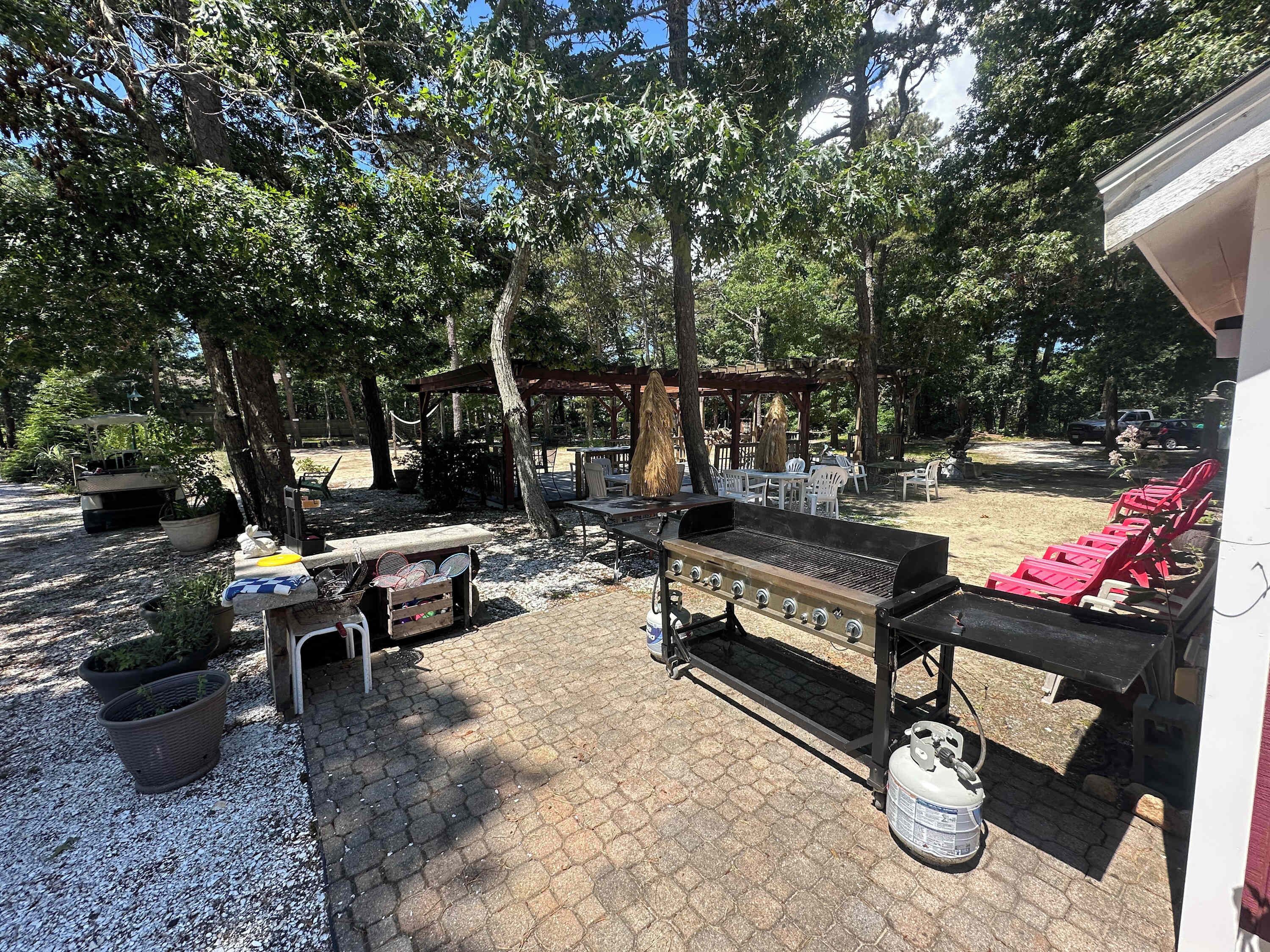 Un'area patio esterna con una griglia per barbecue, posti a sedere e piante in vaso.
