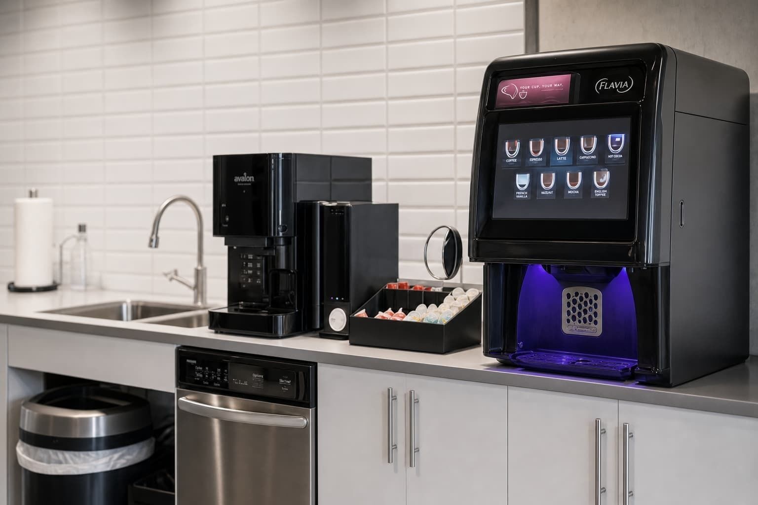 Wasserkocher mit Kaffee-/Teezubehör, Kühlschrank, Mikrowelle, Herdplatte