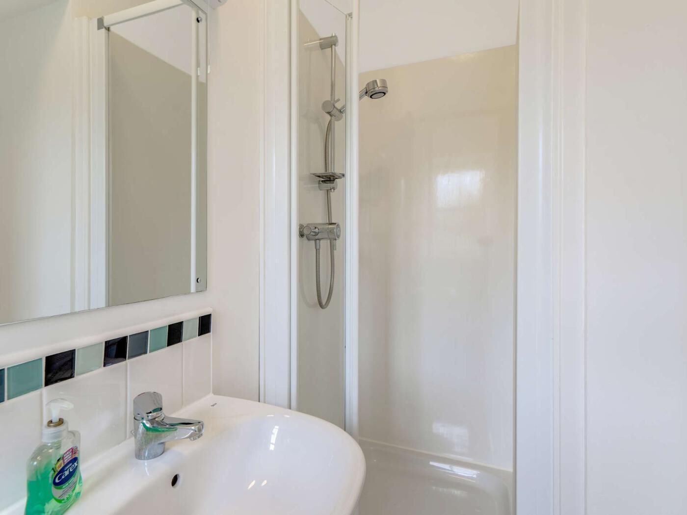 Een badkamer met een witte wastafel, een spiegel, een douche met een handdouche en een fles handzeep.