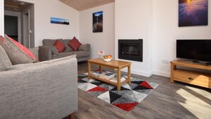 Un salon moderne avec un canapé, une table basse, une cheminée et un téléviseur.