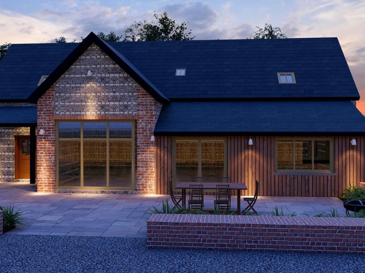 A modern house with a stone facade, large windows, and a patio with outdoor furniture.