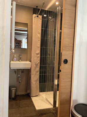 A bathroom with a shower, sink, and mirror.