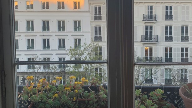 Blick durch ein Fenster mit Balkon, mit Blumentöpfen und einer Reihe von Gebäuden im Hintergrund.