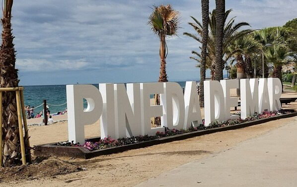Et stort skilt med teksten "PINEDEMAR" på en strand med palmer og hav i baggrunden.