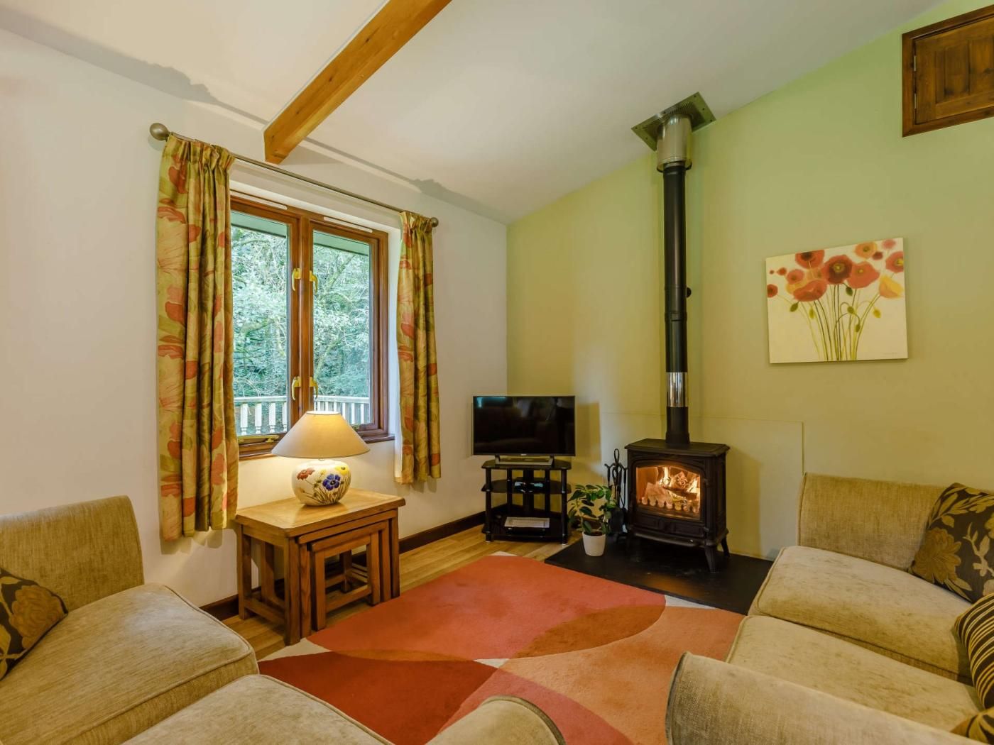 A living room with a fireplace, a television, and two sofas.