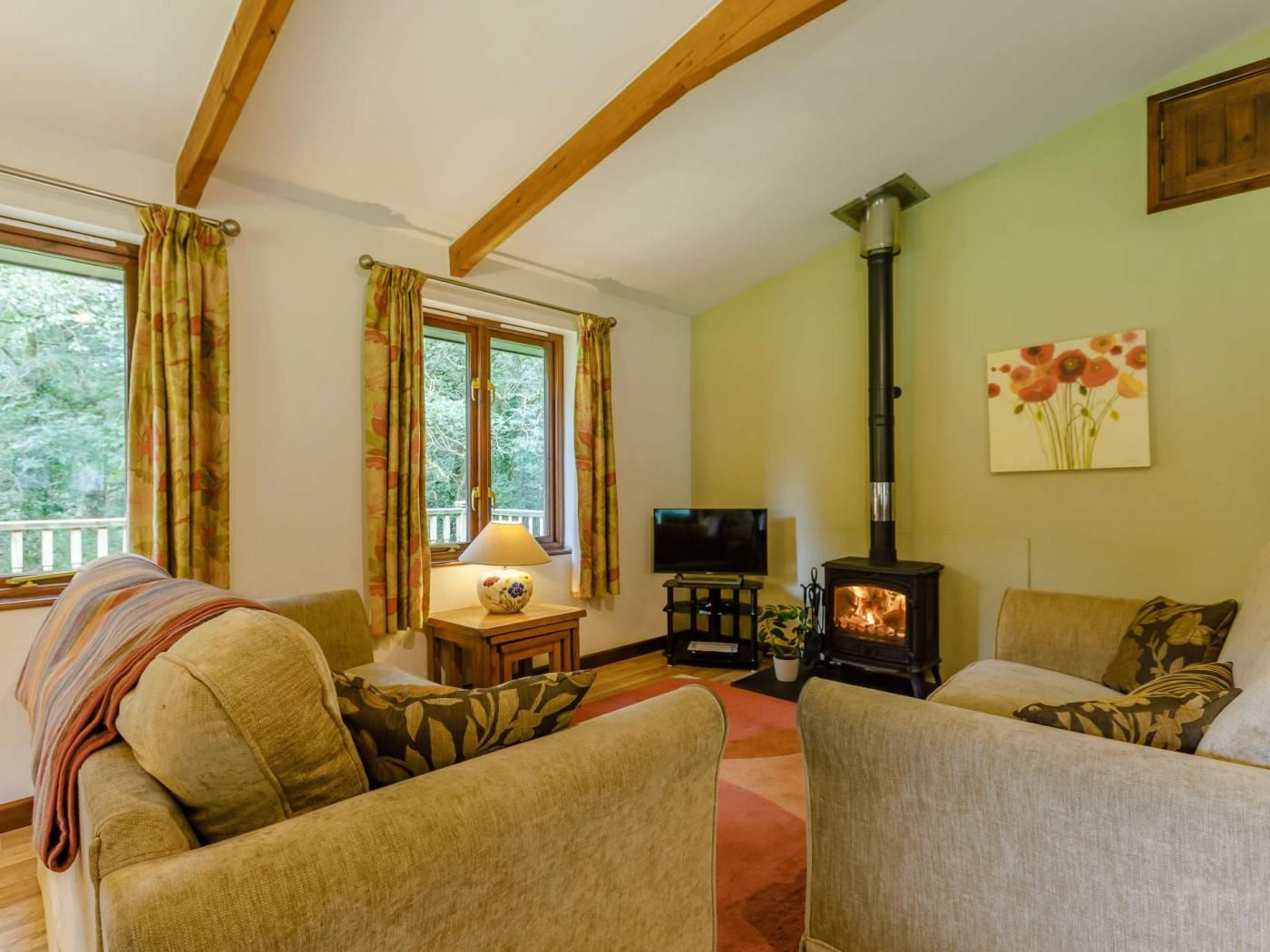 A cozy living room with a fireplace, a television, and two sofas.