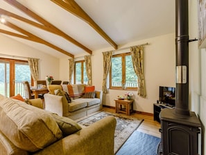A cozy living room with a sofa, a table, a TV, and a wood-burning stove.
