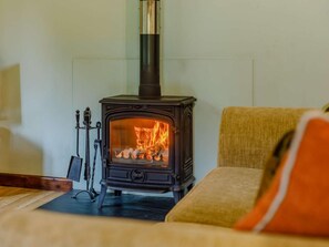 A room with a wood-burning stove, a sofa, and a chair.