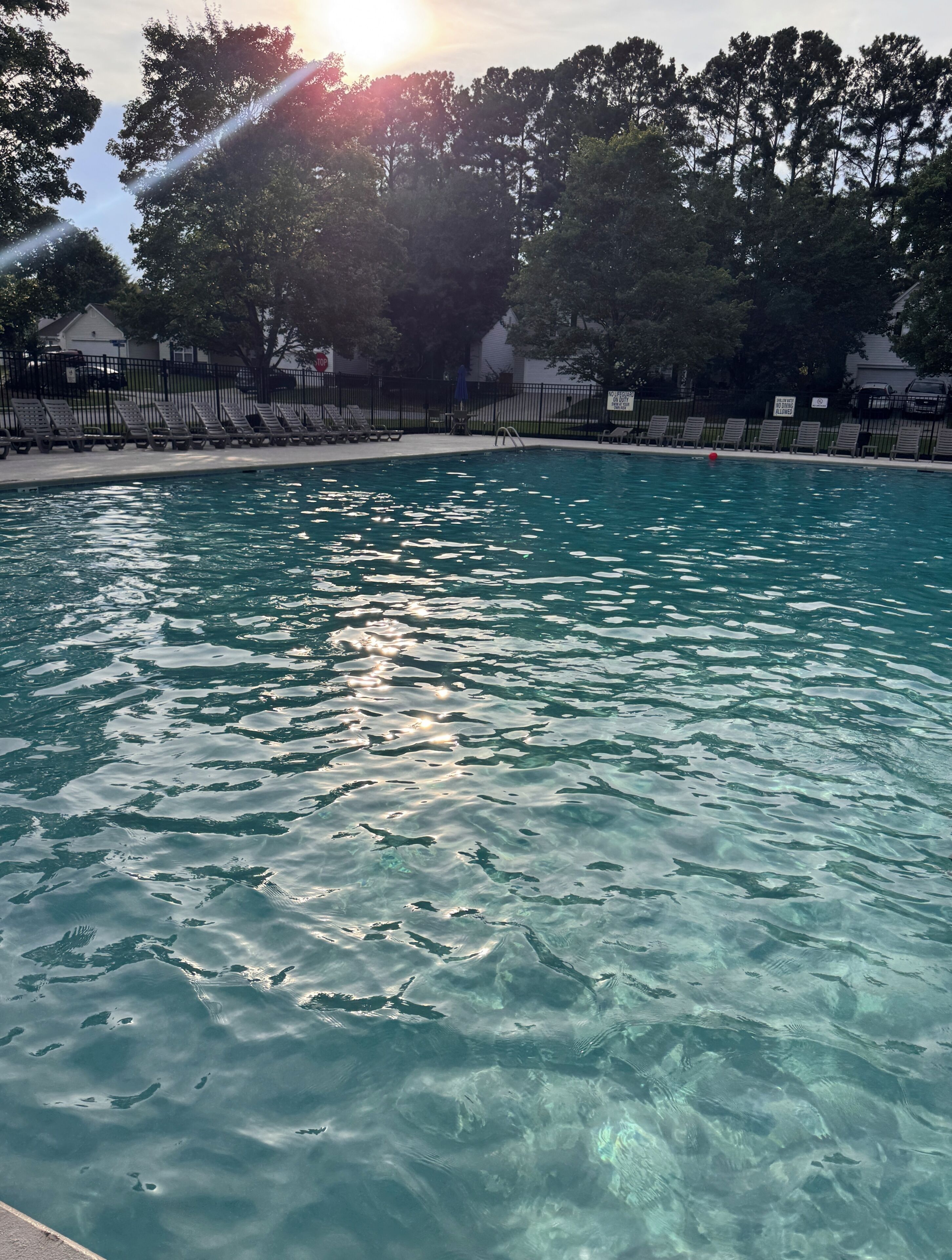 Une piscine aux eaux cristallines, avec un ciel ensoleillé et des arbres en arrière-plan.