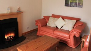 Uma sala de estar com lareira, um sofá de couro, uma mesa de centro de madeira e um quadro na parede.