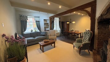 Smart TV, fireplace, books