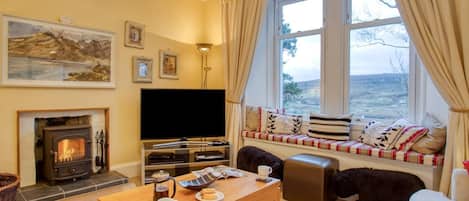 A cozy living room with a fireplace, a television, a sofa, a window seat, and a rug.