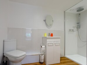 A bathroom with a toilet, a shower, a mirror, and a toilet paper holder. - 3 Bed in Bridport (oc-76820) (West Milton)