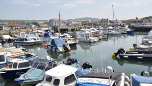 Un port de plaisance où sont amarrés différents types de bateaux, une jetée qui s’avance dans l’eau et des bâtiments en arrière-plan.