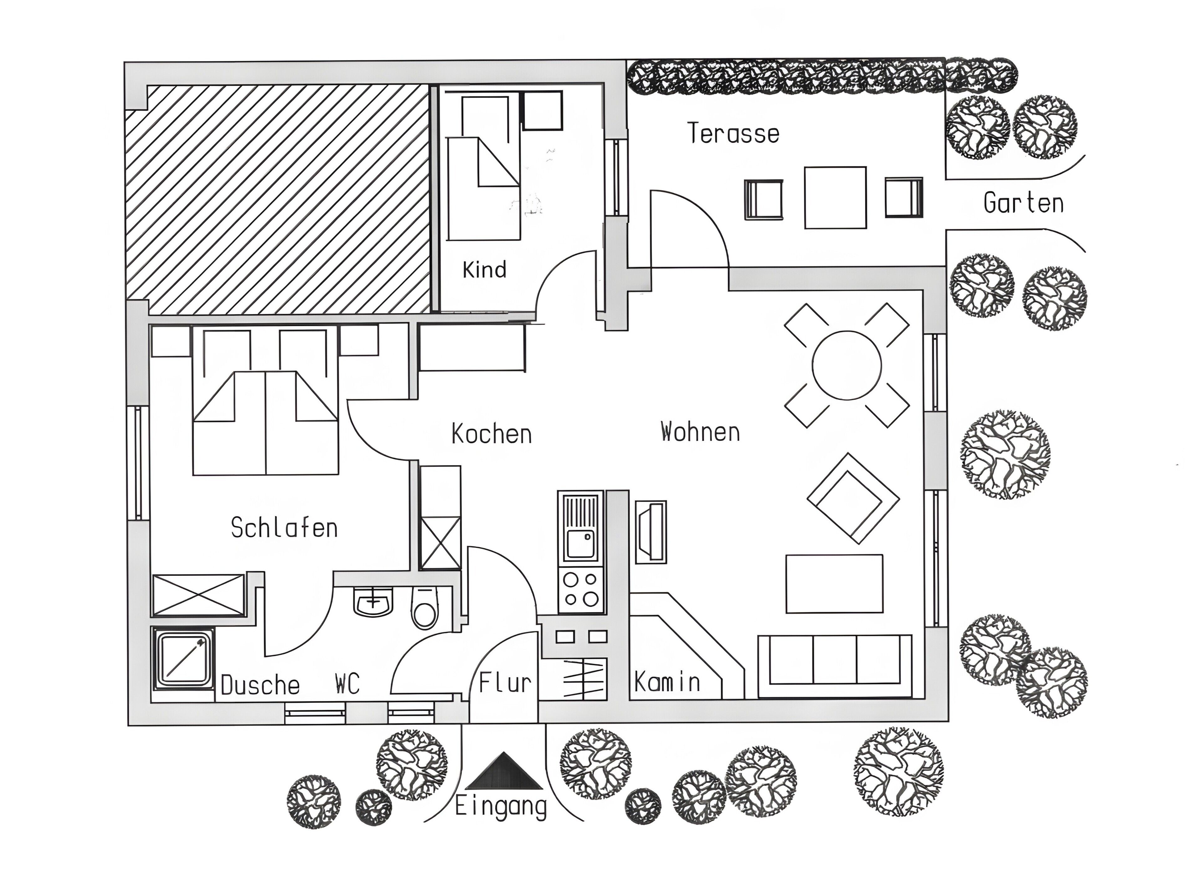 Ein Grundriss eines Hauses mit beschrifteten Räumen, darunter Küche, Wohnzimmer und Garten.
