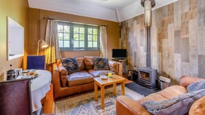 Una sala de estar acogedora con un sofá, una mesa de centro, una chimenea y un televisor.