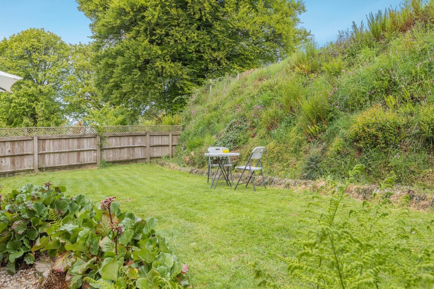 A backyard with a wooden fence, a grassy lawn, and a table with chairs.