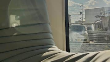 A room with a bed, a framed picture on the wall, and a window with a view of the street and buildings outside.