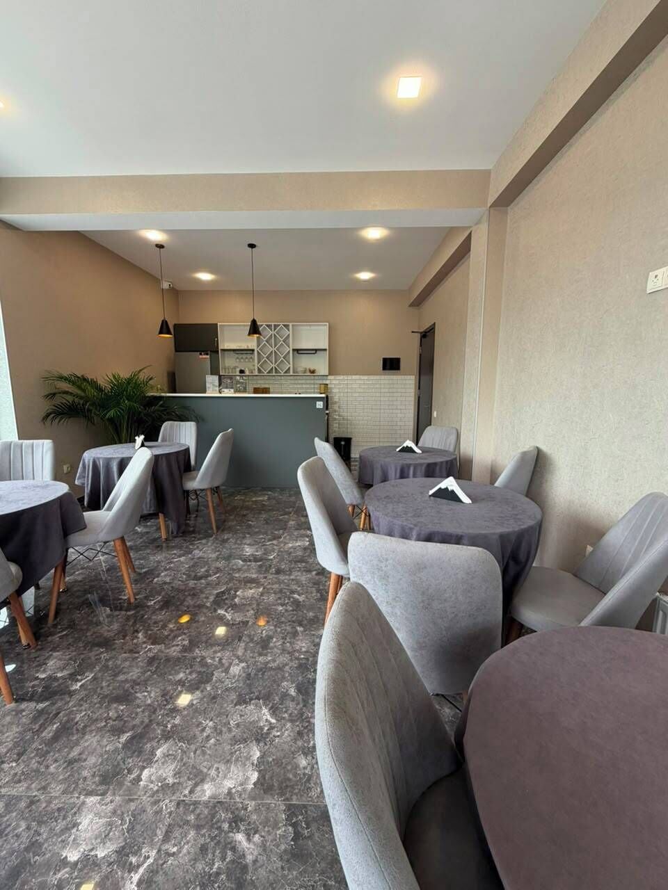 A dining area with round tables and chairs, a kitchen in the background, and a plant on the left.