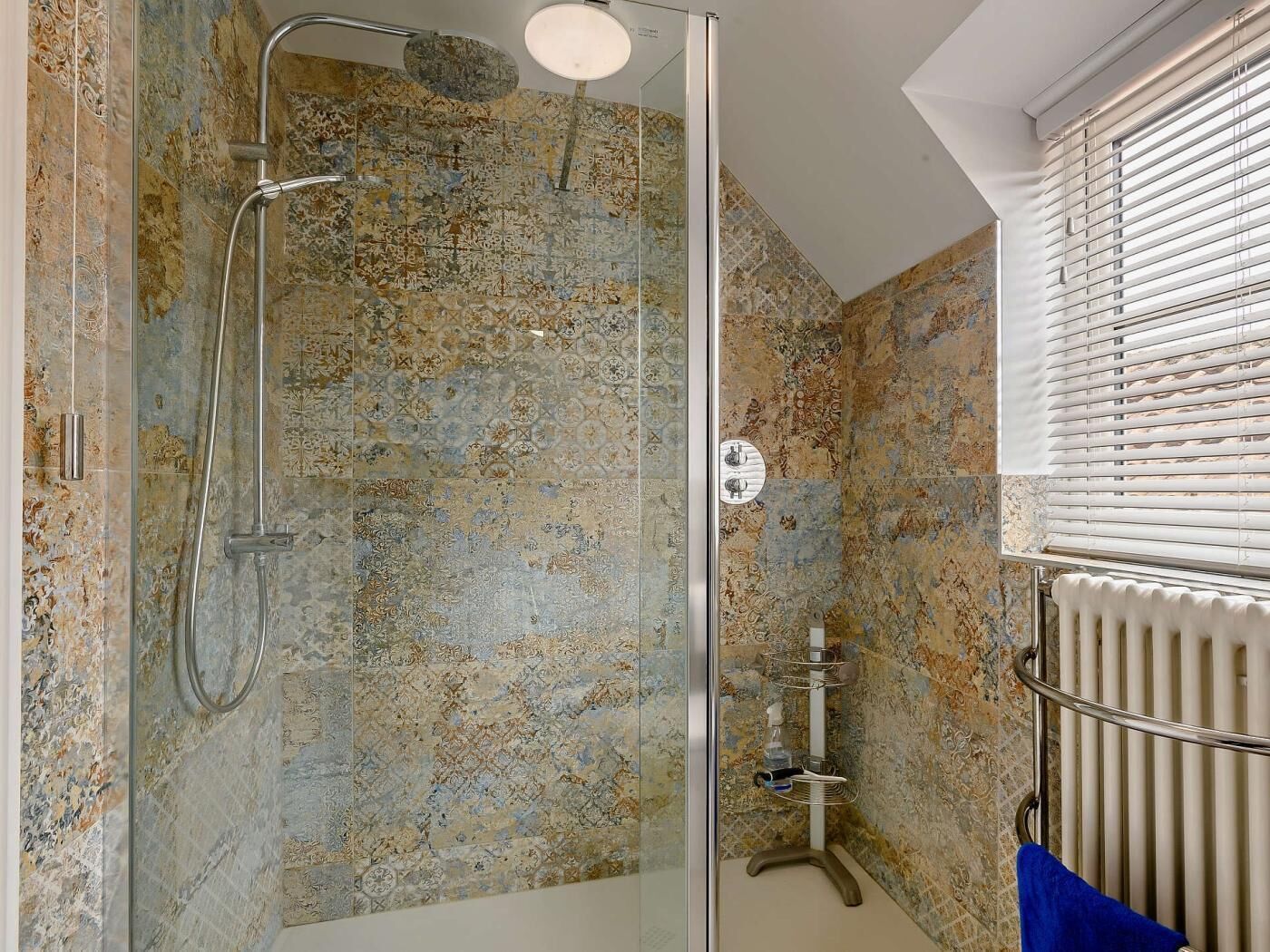 Une douche avec une porte en verre, un pommeau de douche à main et un porte-serviettes fixé au mur.