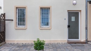 A building facade with two windows and a door, a small potted plant, and a metal gate.