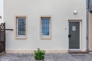 A building facade with two windows and a door, a small potted plant, and a metal gate.