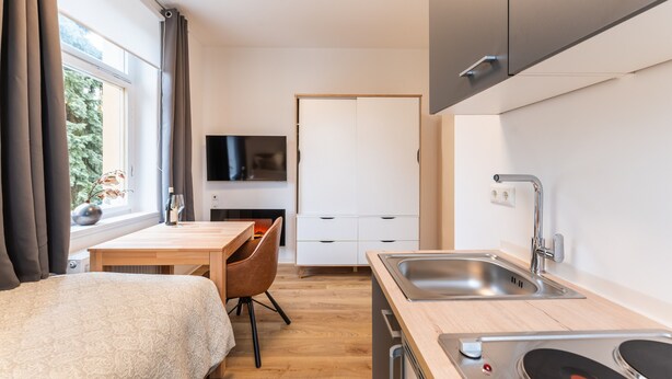 A compact room with a bed, a small dining table, a TV, a kitchenette with a sink, and a door leading to another room. - Furnished Apartment Radebeul with Shared Terrace, Garden & Wi-Fi (Radebeul)