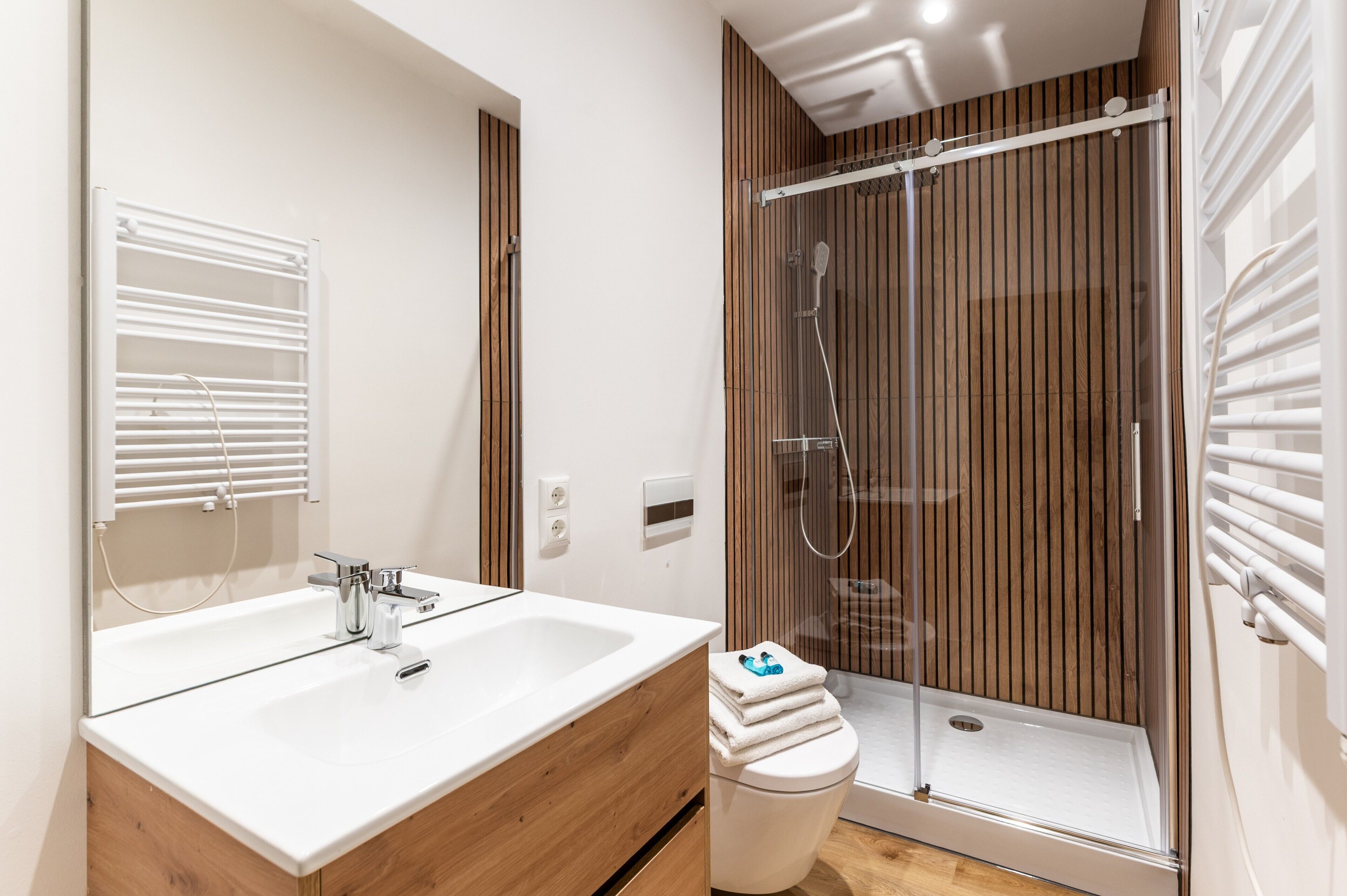 Shower, hair dryer, towels