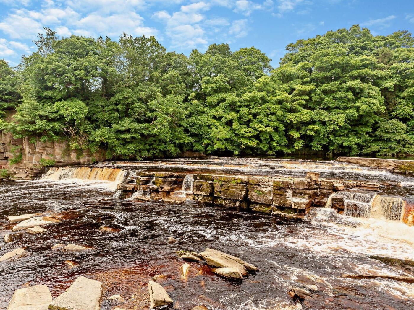Ein Wasserfall mit einem steinigen Vordergrund und dichtem Grün im Hintergrund.