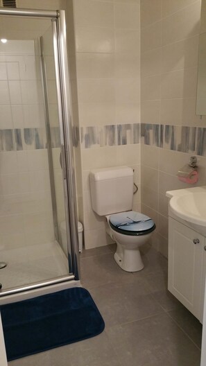 Une salle de bain avec douche, toilettes, lavabo et carrelage au sol.