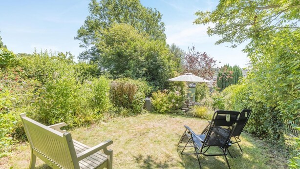 Un jardín con un banco y una silla, rodeado de exuberante vegetación y árboles.