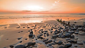 Una playa con piedras y una valla de madera.