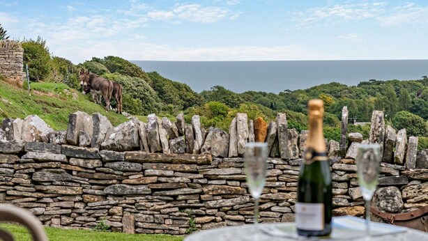 Un muro de piedra, una botella de vino y dos copas sobre una mesa con vistas a una colina y al mar.
