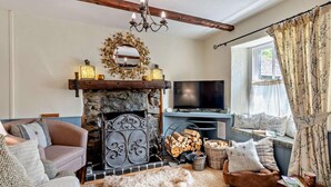 A cozy living room with a fireplace, a television, and a dog. - 3 Bed in Ulverston (oc-sz445) (Satterthwaite)