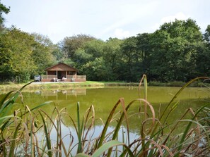 A wooden cabin with a porch, surrounded by a pond and dense trees.