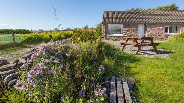 Ein Steinhhaus mit Ziegeldach, einem Holztisch und einem Rasengarten mit Wildblumen.