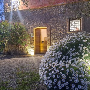 A rustic stone building with a wooden door, a small window, and a garden with white flowers. - A renovated farmhouse, an oasis of tranquility and elegance nestled among the olive trees (Campania)