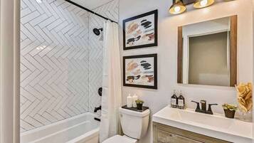Shower, hair dryer, towels, shampoo