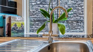 A kitchen with a stainless steel sink, a hanging plant, and a window with a brick wall view. - 3 Bed in Buxton (oc-77955) (Tideswell)