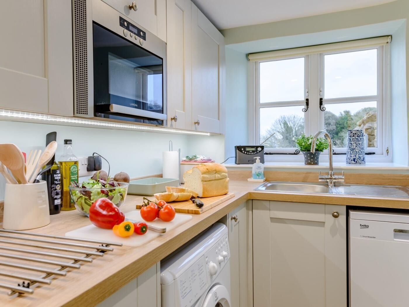 Microwave, oven, dishwasher, high chair