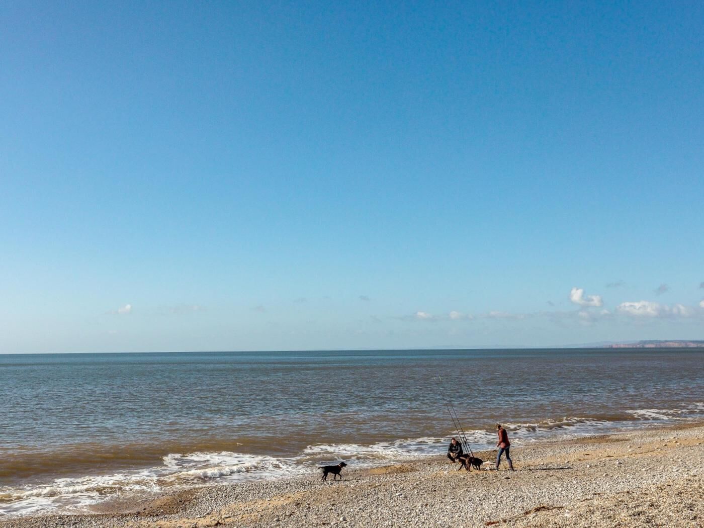 Una playa con piedras, un perro y una persona paseando a su perro.
