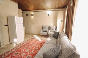 A living room with a sofa, a patterned rug, a refrigerator, and a chair.