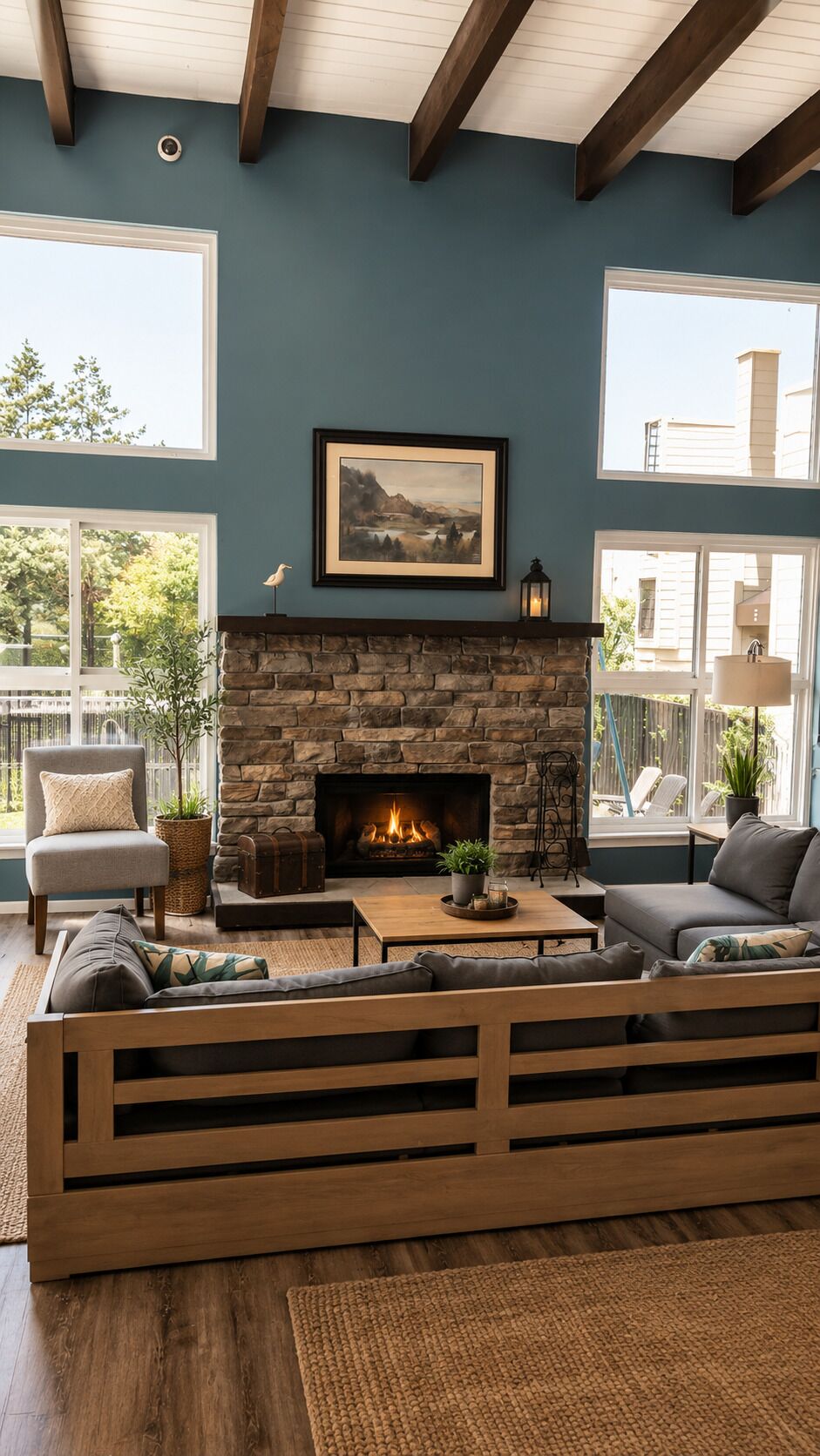A cozy living room with a stone fireplace, a comfortable sofa, and a large window providing a view of the outdoors.