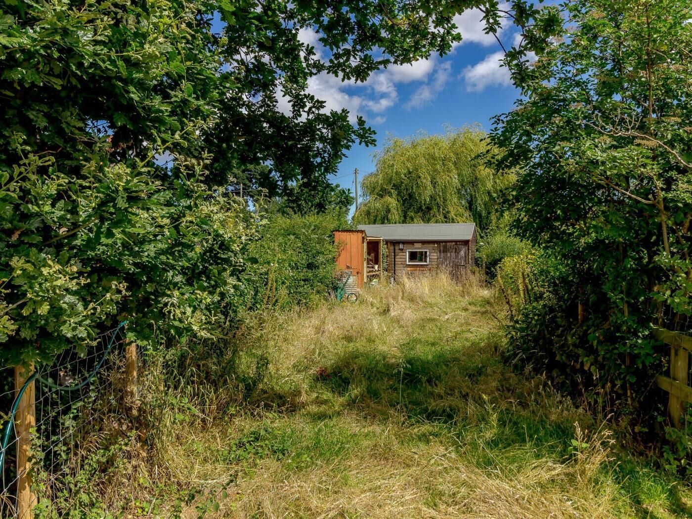 A small wooden cabin surrounded by dense foliage and a clear sky.