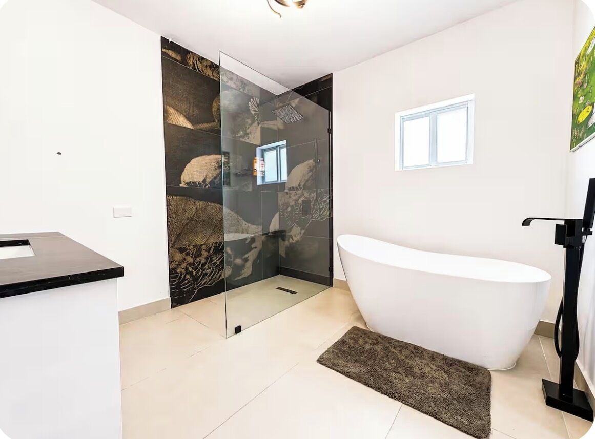 Une salle de bain moderne avec une douche à parois de verre, une baignoire sur pieds et une petite fenêtre.
