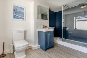 A bathroom with a white toilet, a blue cabinet, a glass shower enclosure, and a framed picture on the wall. - 3 Bed in Polruan (oc-83821) (Fowey)