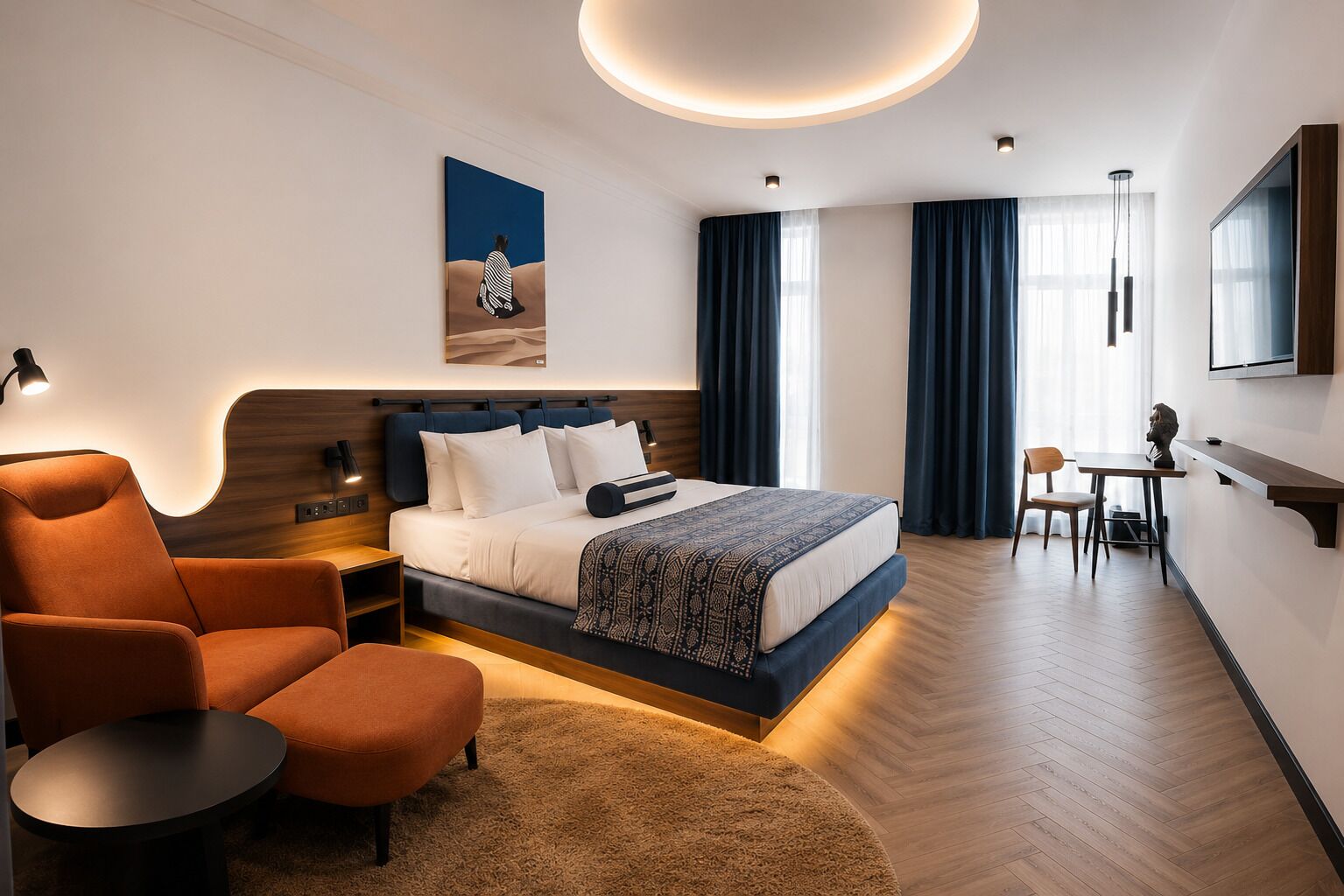 Una habitación de hotel moderna con cama, zona de estar con una silla y una mesita, escritorio con silla y un amplio ventanal con cortinas.